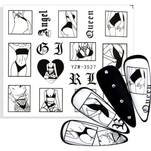 Black Sexy Lady Pattern Water Transfer Nail Stickers Character Image Watermark Tattoo Decal Slider Valentine DIY Nail Art Decora