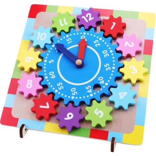 Kids Wooden Gear Block Multicolor Puzzle Toys Tangram Cognitive Digital Clock Digital Wood Watch Jigsaw Toys Education Cartoon
