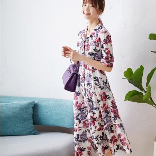 Collect waist flower New printed poplin cotton dress show grew up in a thin dress