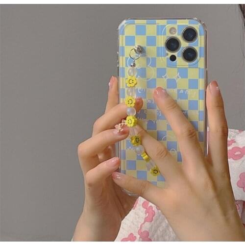 INS Korean Blue Checkerboard Lattice Soft Case For IPhone 12 7 8 Plus 11 Pro Max XR X XS Max Smiley Bracelet Back Cover