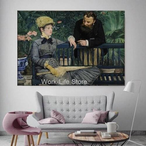 “In the Conservatory” by Edouard Manet Canvas Painting Reproduction Woman Posters and Print Wall Art picture living room Decor