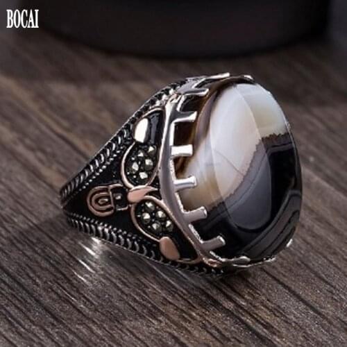New 100% real 925 Silver Ring for Men Natural Stone Flower Agate Ring Middle East Simple Jewelry S925 silver Mens Rings