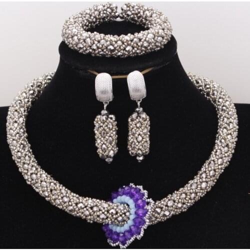 Dudo Dubai Jewelry Set Silver Original Design Crystal Beaded Necklace Sets For Women With Round Flower in The Middle 2020