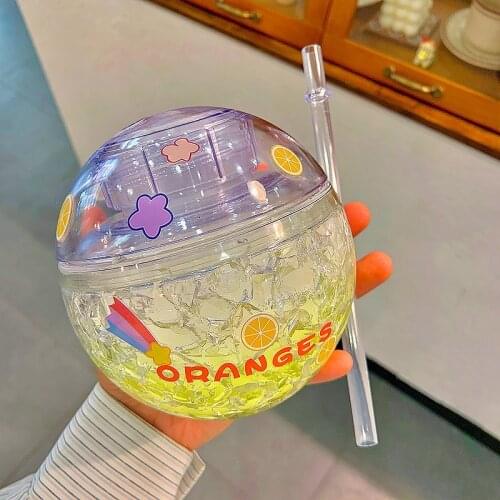 Creative Spherical Water Bottle With Straw Plastic Cup Lovely Girl Water Cup Childrens Gift Kawaii Mugs Drinking Bottles