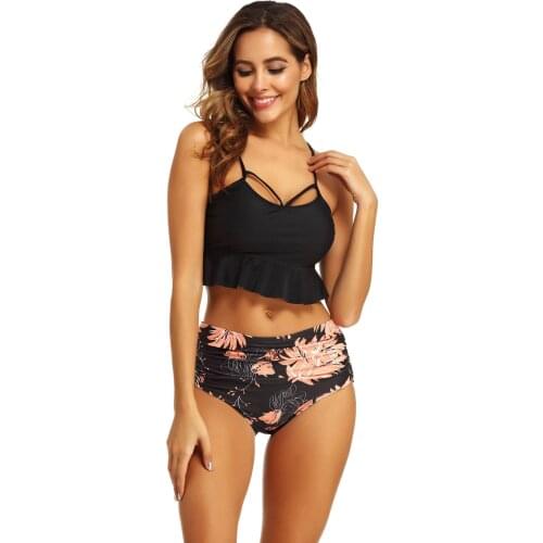 Smocked Black Leaves Print Bikini Sets Women Ruffle High-waist Two Pieces Swimsuits 2021 Girl Boho Bathing Suits