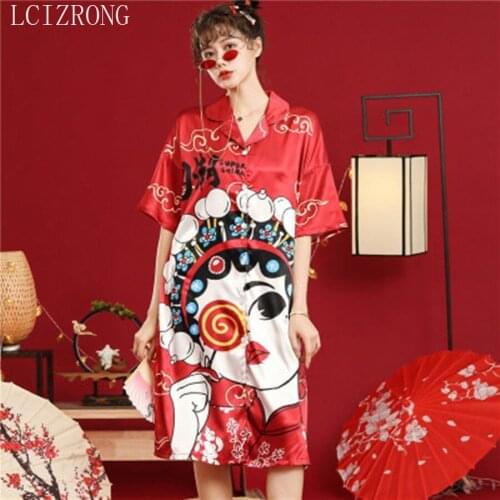 Summer Home Sleepwear Woman Silk Cool Cartoon Night Dress Sexy Plus Size Clothing for Women Suitable for 40-75KG Nightgowns