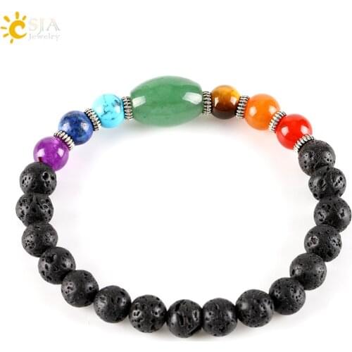CSJA Hot Big Size Green Aventurine Healing 7 Chakra Gem Stone Black Lava Strand Bracelet for Male Female Gift Jewellery E279