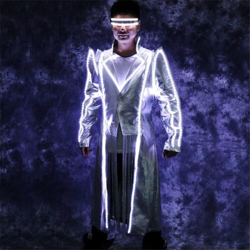 LZ45 White led light men costumes robot suit luminous glowing jacket stage show wears dj bar performance clothe model dress club