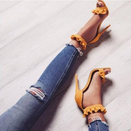 Fashion Suede Ruffles Thin Heel Women Sandals Sexy Gladiator Buckle Dress Sandals Hot Sale Large Size High Heels Shoes