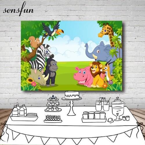 Cartoon Animals Safari Party Photography Backdrop For Kids Elephant Lion Giraffe Orangutan Tree Birthday Party Backgrounds 7x5FT