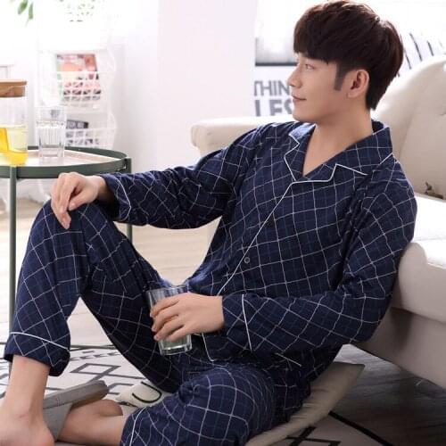 2019 new arrival fashion men sleeping cloths turn-down collar dark blue plaid coat free shipping