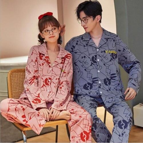 Couples Matching Pajamas Autumn Winter Long Sleeves Pants Women man Home Clothing Lovers' Pijama Anime Pikachu Cardigan Cozy Ins
