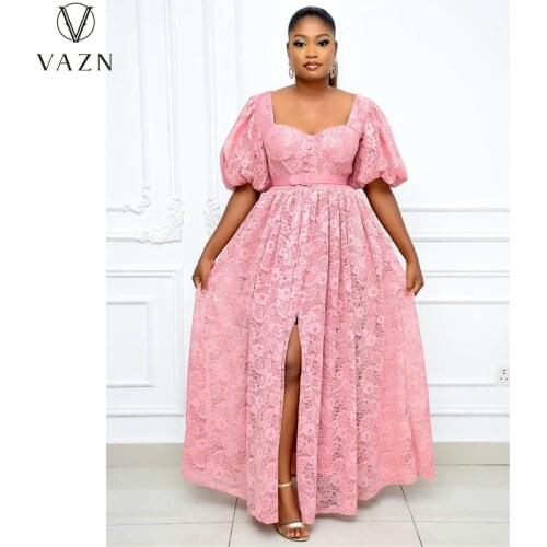 VAZN 2021 Hot Fresh Pink Sexy Club Sweet Plus Size High-end Short Sleeve High Waist Women Ball Gown Maxi Dress