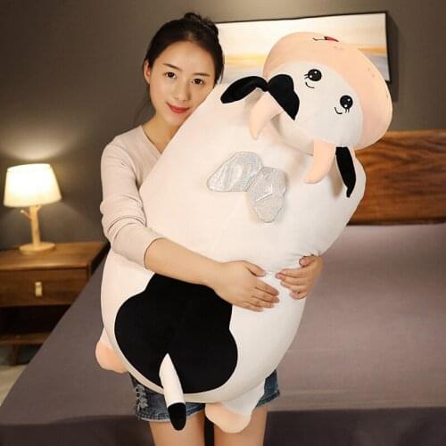 1pc 55/65CM Cute Lying Milk Cow Plush Toys Cartoon Animal Cattle Pillow With Blanket Stuffed Dolls for Children Baby Sleep Gift