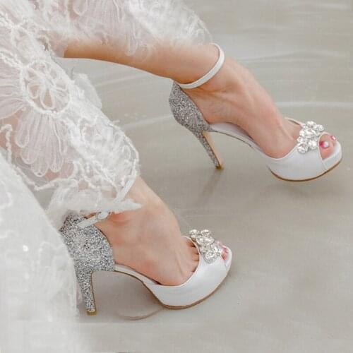 Popular Silver Sequined Wedding Dress Shoes Fashion Genuine Leather Peep Toe White High Heels Buckle Strap Bridesmaid Shoes