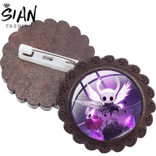SIAN Lovely Hollow Knight Fashion Game Brooch Pins Action Adventure Game Theme Funny Glass Cabochon Wooden Badge for Gamer Gifts