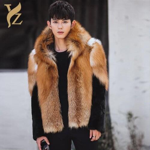 Wholeskin Nature Fox Fur Coats With Mink Sleeves Luxurious Red Fox Fur Jackets For Men Outerwear Tops All-match Winter Jackets