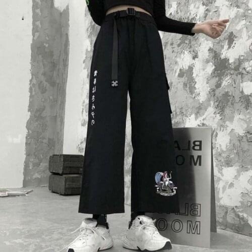 Japanese Wide Leg Cargo Pants Harajuku Cartoon Printed Ankle Trousers 2020 spring Autumn Stretch Waist Pants with Belt