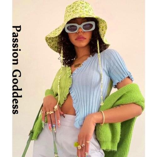 Summer Women Patchwork Knitted Crop Shirts Cardigans Single-breasted V Neck Short Sleeve T-shirt Ruffles Cardigan Outcoats Cute