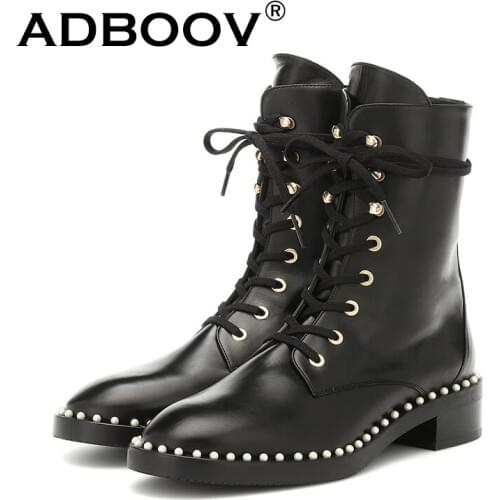 ADBOOV Lurxy Pearls Women Boots Genuine Leather Chunky Heel Ankle Boots Ladies Shoes