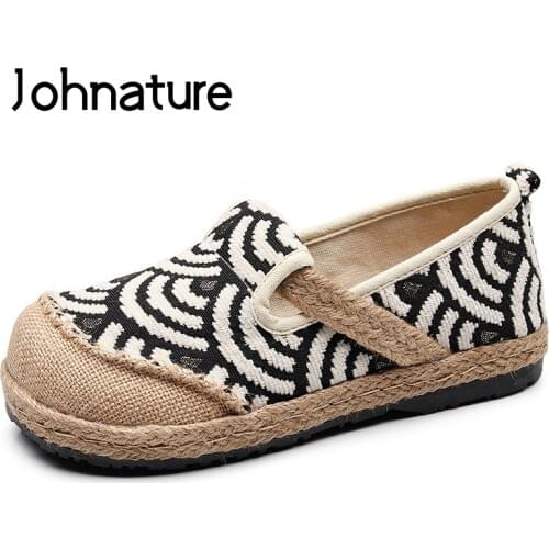 Johnature 2020 New Spring/autumn Round Toe Retro Handmade Casual Striped Shallow Sewing Linen Cotton Shoes Womens Flat Shoes