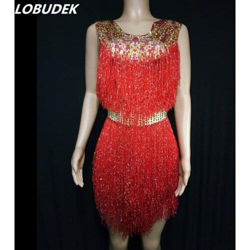Adult Women Latin Ballroom Dance Costume Red Fringe Tassel Rhinestones Bodysuit Dress Sexy Singer Ds Stage Performance Clothes