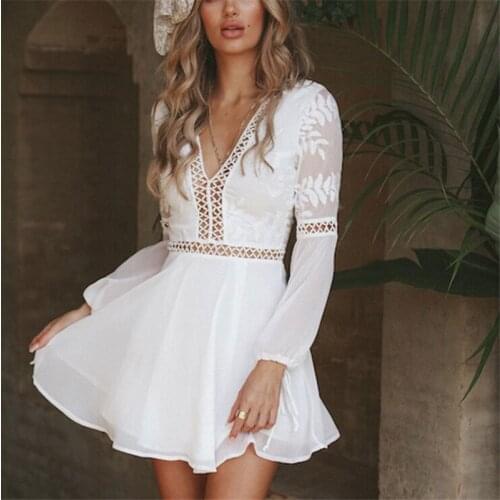 Women White Trim Short Mini Dress Sundress Summer Casual Sexy V-Neck Long Sleeve Lace Dresses