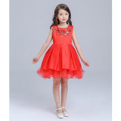 3-12T Brand Red Satin Flower Girl Dress Sequin Princess Tutu Party Wedding Dresses for Girls Christmas Style Sweet Kids Dress
