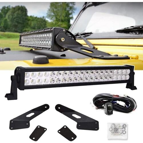 20" 120W Straight LED Light Bar and Upper Hood Brackets with Wiring Kit For Jeep Wrangler TJ 4WD 1997-2006 and LJ 4WD 2004-2006