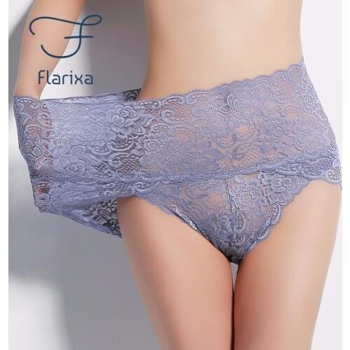 Flarixa 3Pcs Lace Panties Womens High Waist Tummy Big Size Ladies Sexy Buttocks Seamless Triangle Shorts Transparent Underwear
