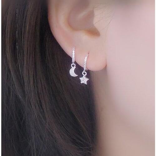 925 sterling silver asymmetric zircon star moon Short drop earring C type half circle Water drop earring girl women ear jewelry