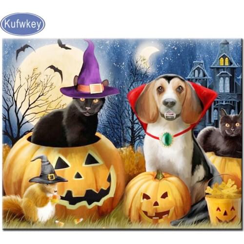Halloween cat Witch dog castle diamond painting full square round mosaic diamond art for Children gift diamond embroidery sale