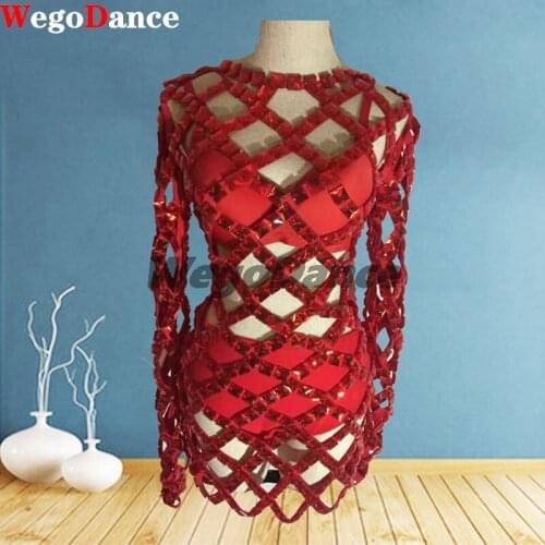 Glisten Silver Red Stone Flashing Hollow Dress Outfit Shining Sexy Birthday Party Costume Women Evening Singer Dance Wear