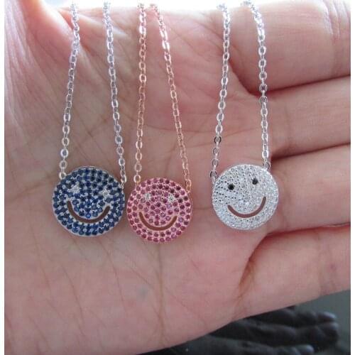 Happy face micro paved cz smile pendant necklace 925 sterling silver chain red blue white high quaity jewelry for girl