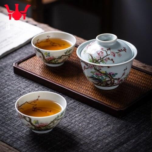 Clock home jingdezhen kiln tureen tea cup set manual tea colored enamel high-end prosperous flower is a tureen two cup