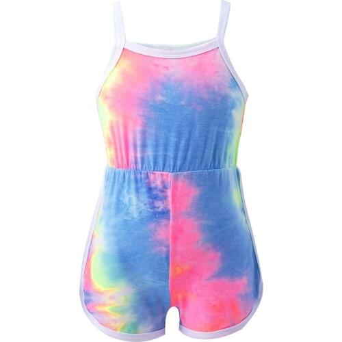 Kids Girls Casual Bodysuit Tie Dye Print Gym Wear Spaghetti Straps High Waist Shorts Bottom One Piece Workout Jumpsuits Clothing