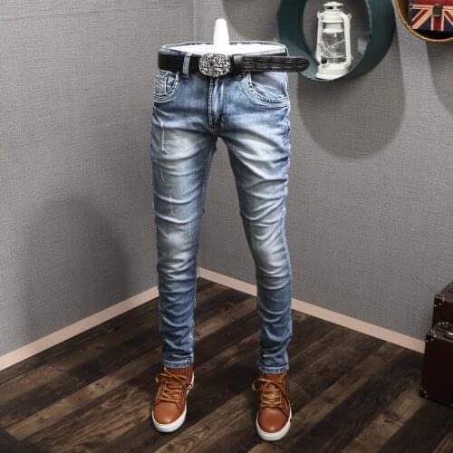 Italian Vintage Fashion Men Jeans Retro Light Blue Elastic Slim Fit Ripped Jeans Men Streetwear Designer Cotton Denim Pants