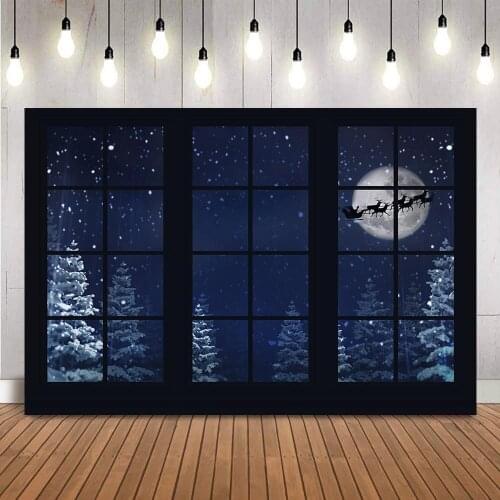 Christmas night sky Full moon night backdrop for photography studio windows pine forest photo booth background photocall prop