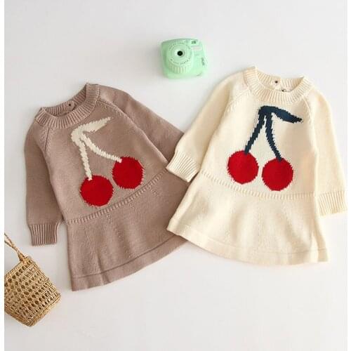 Cherry Pattern Clothes Girls Knitted Dress Autumn Winter Long sleeve Kids Toddler Baby Dress For Girl Princess Cotton Warm Dress