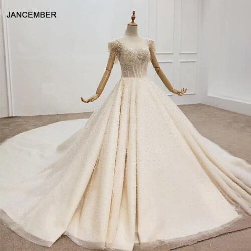 HTL1424 Wedding Dress 2020 Whole With Pearl Bead Transparent O Neck Wedding Gowns Puff Short Sleeves