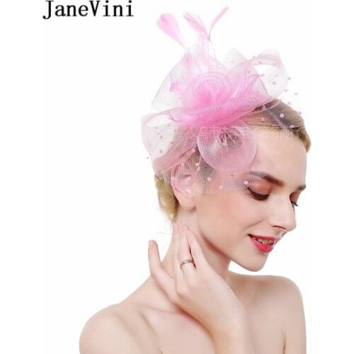 JaneVini Woman Wedding Fascinator Hat Headbands Ladies Feather Hair Clip Pink White Party Headwear Chapeau Bibi Femme Mariage