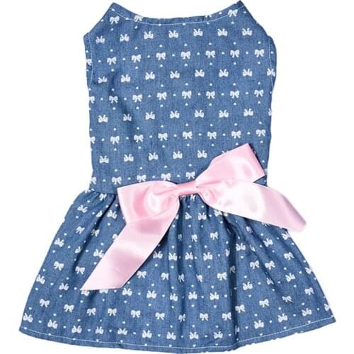 Comfortable Polyester Jeans Pet Princess Dress for Summer and Spring Cute Pet Dog Clothes with Fashionable Bowknot 1 PCS