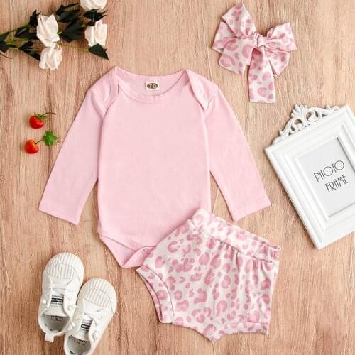 2PCS Autumn Newborn Kid Baby Girls Clothes Sets Solid Long Sleeve Tops + Leopard Shorts Outfits 0-24M