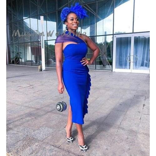 Royal Blue African Evening Dresses Short 2020 Sexy One Shoulder Tight Prom Dress Cheap Night Formal Party Plus Size Dresses New