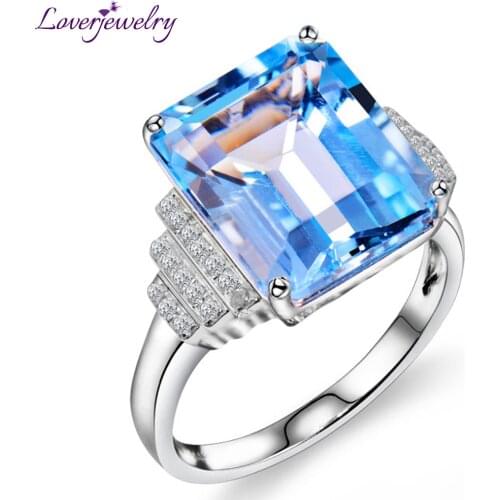 LOVERJEWELRY Fashion Style Rings For Women Vintage Emerald Cut Natural Diamond Topaz Gemstone Ring Solid 14K White Gold 10x12mm