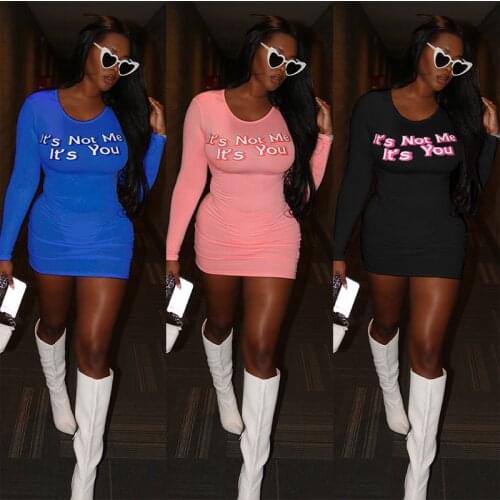 Echoine Autumn Spring Long Sleeve Letter Print Mini Dress Pink Skinny Bodycon Sexy Party Streetwear Club Outfits Summer satin
