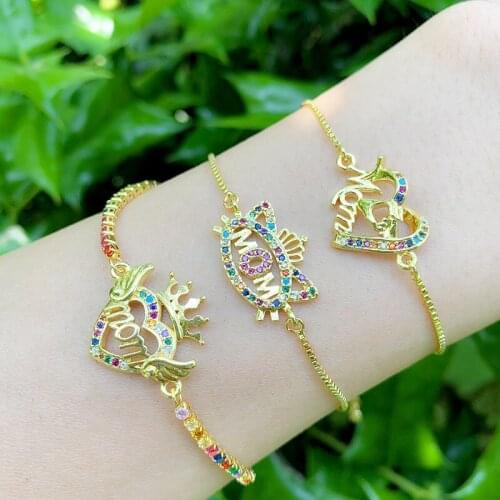 Trendy Personalize MOM Chain Bracelets Paved Colorful Zircon Pendant Bracelet For Mother Female Adjustable Jewelry Gift