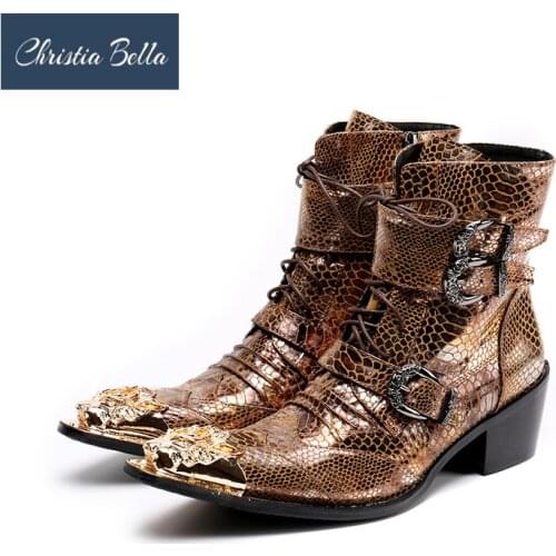 Christia Bella Autumn Winter Men Shoes Genuine Leather Boots Fashion Metal Pointed Toe Boots Large Size Buckle Strap Boots