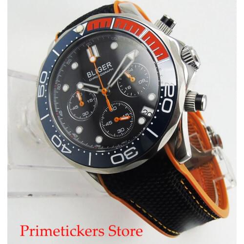Blue red bezel quartz movement 41mm black dial sapphire glass date chronograph 24 hours rubber strap mens watch