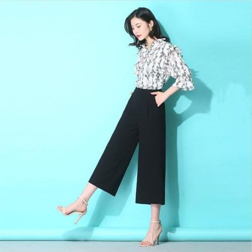 Office Lady Chiffon Black Ankle-Length Pants High Elastic Waist Loose Slim Wide Leg Pants With Pocket Plus Size Trousers M-7XL
